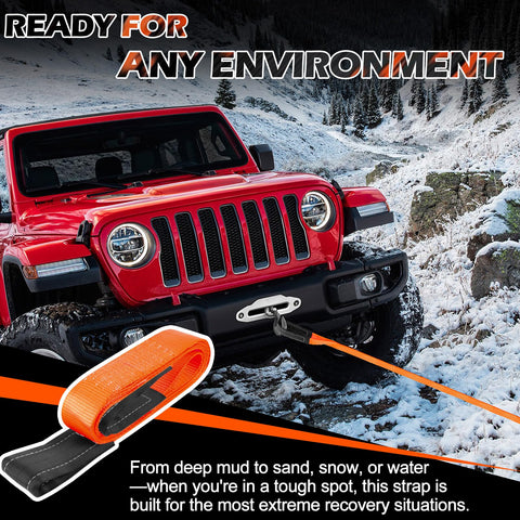 Heavy Duty Lifting Straps 10 Foot By 2 Inch Webbing Slings 15000 LBS Capacity Two Pack Rigging Straps towing red SUV in snow