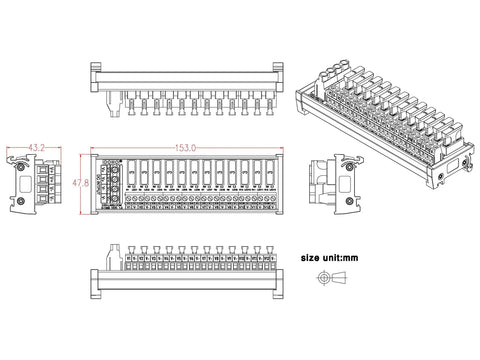 DC Power Fuse Distribution Strip Module 12 Channel DIN Rail Mount For 0 To 32V DC Systems, 30A Total Input, 3A Per Channel Factory Fuse 3A Replaceable Up To 10A Easy Wiring Industrial Grade Power Distribution Block, 12-channel line drawing with dimensions