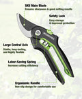 Close-up of ergonomic green-handled pruning shears with SK5 main blade and safety lock, part of 3 Piece Garden Shears Set For Pruning And Hedge Trimming, 20 Inch Hedge Shear, 24 Inch Anvil Lopper, 8 Inch Pruning Shears, Pro Grade Heavy Duty Garden Clippers With Sharp Blades, Comfort Grip Handles For Branches And Shrubs.