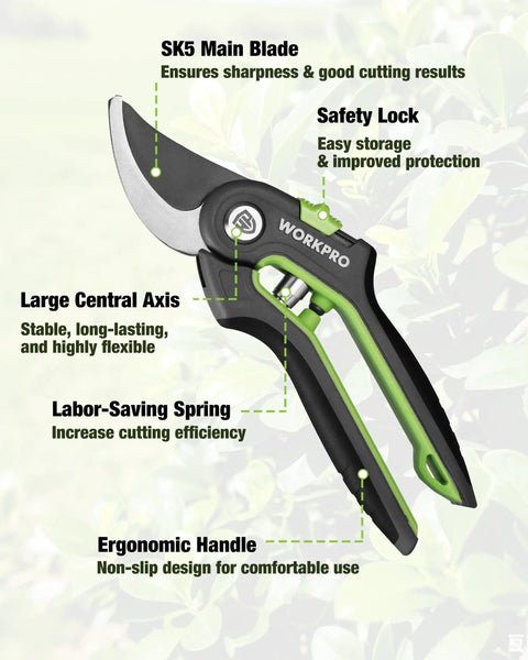 Close-up of ergonomic green-handled pruning shears with SK5 main blade and safety lock, part of 3 Piece Garden Shears Set For Pruning And Hedge Trimming, 20 Inch Hedge Shear, 24 Inch Anvil Lopper, 8 Inch Pruning Shears, Pro Grade Heavy Duty Garden Clippers With Sharp Blades, Comfort Grip Handles For Branches And Shrubs.