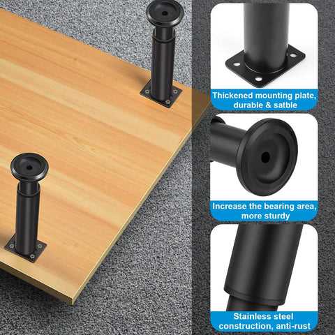 Heavy Duty Metal Adjustable Furniture Legs Set Of 4, 4.7 To 7 Inch, Replacement Legs, Black Finish, Mounted on Wooden Surface