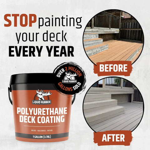 Heavy Duty Polyurethane Deck Coating In Smooth Neutral Beige With Hella Durable Waterproof Seal For Wood And Concrete Plus A Solid Four Gallon Bucket for before and after deck transformation.