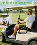 Golfer using universal adjustable golf cart rear view mirror with panoramic 270 degree rotation on EZ Go cart