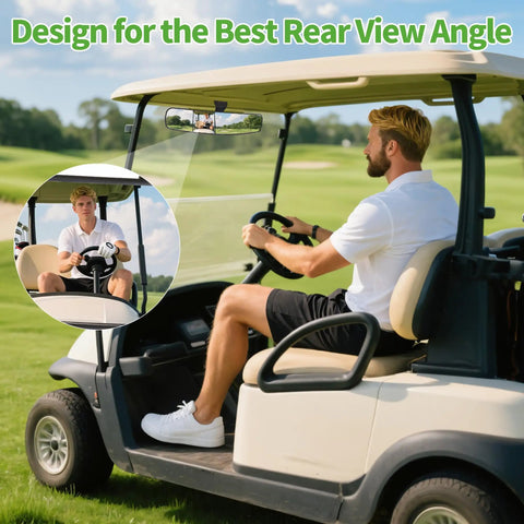 Golfer using universal adjustable golf cart rear view mirror with panoramic 270 degree rotation on EZ Go cart