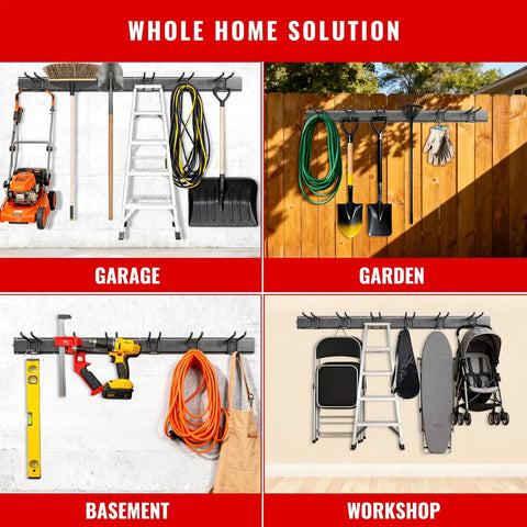 Heavy Duty Wall Mount Garage Tool Organizer System With 64 Inch Rail And 11 Adjustable Hooks displayed in various settings