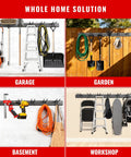 Collage showing Built Tough 48 Inch Garage Tool Organizer Wall Mount With 6 Adjustable Hooks in garage, garden, basement, workshop
