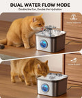 Quiet Stainless Steel Cat Water Fountain 2.8L with 20dB Ultra Quiet Pump, LED Water Level Window, showing dual flow modes