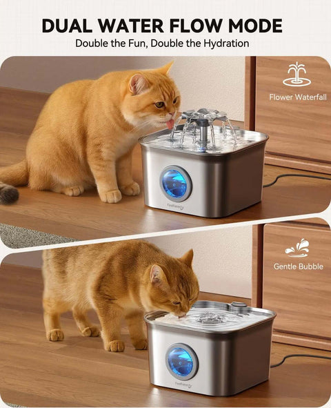 Quiet Stainless Steel Cat Water Fountain 2.8L with 20dB Ultra Quiet Pump, LED Water Level Window, showing dual flow modes