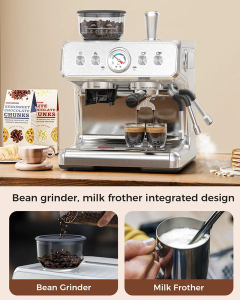 Top Tier Home Barista Espresso Machine With Solid Grinder And True Dual Boiler Brewing Coffee And Steaming Foam Together Nailing Perfect Cappuccinos Straight From A Big 95 Oz Tank Keeping Mornings Dope And Stress Free, featuring a bean grinder and milk frother.