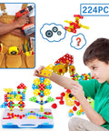 224 Piece Drill And Screwdriver STEM Building Set For Kids With 2D And 3D Blocks Kit Totally Great For Hands On Learning Fine Motor Skills And Creative Problem Solving. boy building colorful 2D and 3D blocks with 224-piece drill set