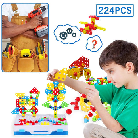 224 Piece Drill And Screwdriver STEM Building Set For Kids With 2D And 3D Blocks Kit Totally Great For Hands On Learning Fine Motor Skills And Creative Problem Solving. boy building colorful 2D and 3D blocks with 224-piece drill set