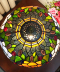 Top view of Tiffany Style Stained Glass Table Lamp 12 Inch Shade Multicolor Red Orange Purple Pink Rose Bedside Nightstand Reading Desk Light Vintage Retro Decor Led Bulb Included