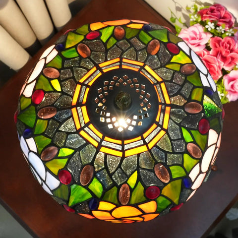 Top view of Tiffany Style Stained Glass Table Lamp 12 Inch Shade Multicolor Red Orange Purple Pink Rose Bedside Nightstand Reading Desk Light Vintage Retro Decor Led Bulb Included