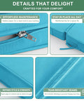 Close-up of teal outdoor chaise lounge cushions showing zipper, reinforced ties, fabric texture, and tear-resistant seams.