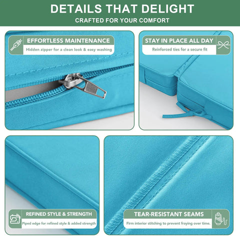 Close-up of teal outdoor chaise lounge cushions showing zipper, reinforced ties, fabric texture, and tear-resistant seams.
