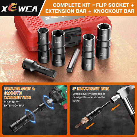 Beefy Thin Wall Lug Nut Impact Socket Set Eight Sizes 17mm 19mm 21mm 22mm And Three Quarter Inch Seven Eighths Inch Thirteen Sixteenths Inch Fifteen Sixteenths Inch Dual End Flip Sockets Half Inch Drive CRMO Tool For Cars And Light Trucks displayed with case and bars.