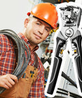 Heavy Duty Wire Stripper Tool With Comfortable Grip Pliers for Peeling and Crimping held by a worker with electrical cables.