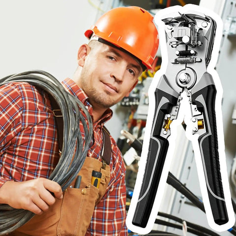 Heavy Duty Wire Stripper Tool With Comfortable Grip Pliers for Peeling and Crimping held by a worker with electrical cables.