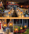 6 Pack Solar Flickering Flame Torches Waterproof Outdoor Garden Lights For Yards Patio And Pathway Decor With Realistic Flame Effect Easy Setup Dope Glow Sun Powered illuminating a snowy yard with festive holiday decorations.