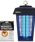 Outdoor Bug Zapper For 1 Acre Coverage With 40W UV Bulb And 5600V Kill Grid Mosquito Attractant Cartridge Included Hangable Lantern Insect Trap That Takes Down Flying Pests Fast, showing zapper with UV light and mosquito attractant box.