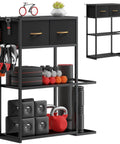 Versatile Sturdy Adjustable 4 Tier Home Gym Storage Rack Featuring Strong Steel Frame And Soft Drawer Top For Organizing Dumbbells And Dope Workout Essentials with weights and storage.