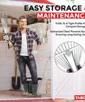 Man holding Adjustable Metal Rake With Collapsible Telescopic Handle for lawn cleanup in garden shed, highlighting easy storage feature.