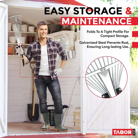 Man holding Adjustable Metal Rake With Collapsible Telescopic Handle for lawn cleanup in garden shed, highlighting easy storage feature.