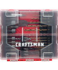 Craftsman 60-piece drill bit set in transparent red case with twist bits and nut driver bits, front view