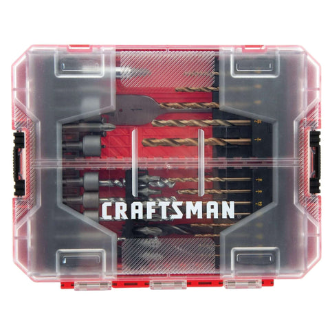 Craftsman 60-piece drill bit set in transparent red case with twist bits and nut driver bits, front view