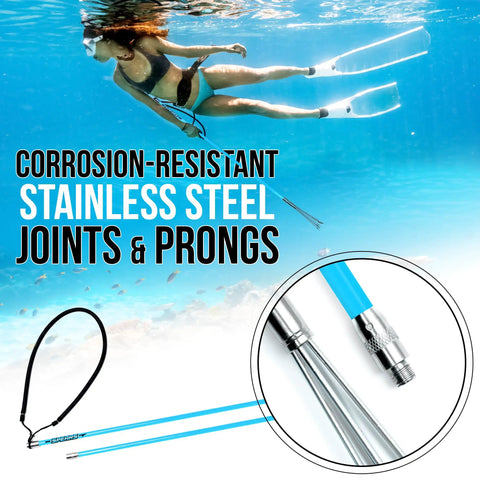 Travel Ready Fiberglass Pole Spear For Spearfishing With 3 Prong Paralyzer Tips, 72 Inch Harpoon underwater illustration with stainless steel joints
