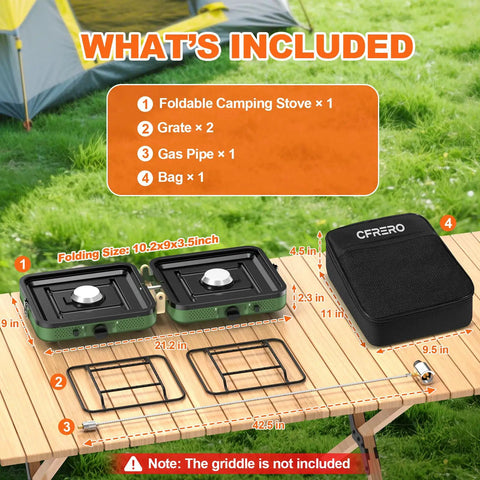 Two Burner Foldable Camping Stove with Carry Bag for Outdoor Cooking, showing included parts on a table outdoors.
