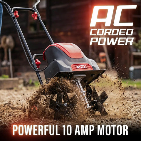 Beast Corded Electric Tiller rototilling soil, red 10.5 Amp motor, cutting blades visible, lightweight design for garden use