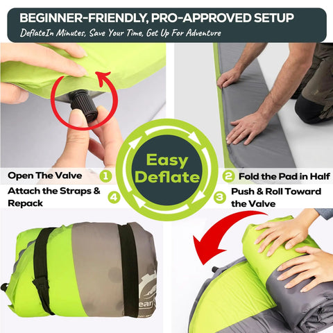 Step-by-step deflation of All Season Self Inflating Camping Pad With 4.3 R-Value Insulated Foam, compact pack size.