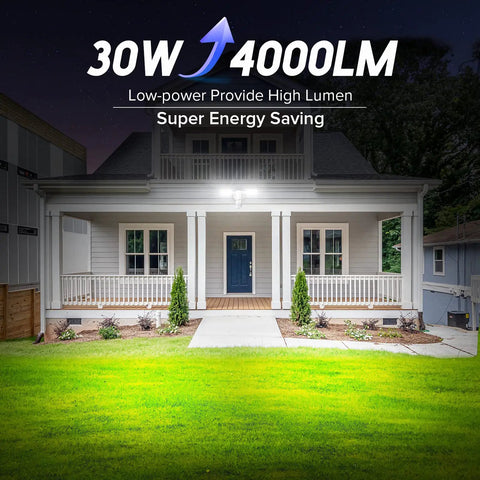 Motion Sensor Outdoor LED Flood Lights 30W 4000 Lumens 5000K illuminating a house entrance at night