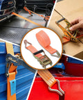 20 Pack Heavy Duty Cargo Tie Down Straps 1.5 Inches By 20 Feet Galvanized Steel Ratchet Belts showing use on truck and boxes.
