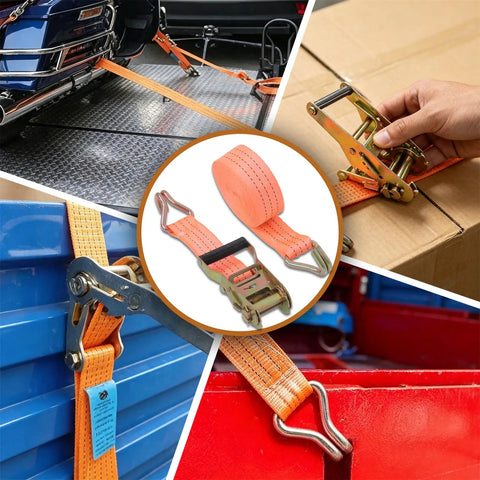 20 Pack Heavy Duty Cargo Tie Down Straps 1.5 Inches By 20 Feet Galvanized Steel Ratchet Belts showing use on truck and boxes.