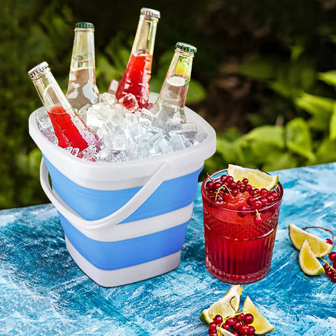 2 Pack Collapsible Buckets 5L 1.3 Gallon Portable Cleaning Bins in blue used as ice bucket with drinks outdoors