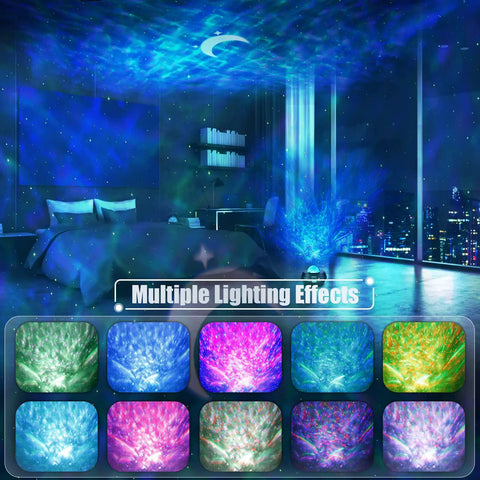 Galaxy Star Projector Light With White Noise Bluetooth Speaker projecting colors on bedroom ceiling