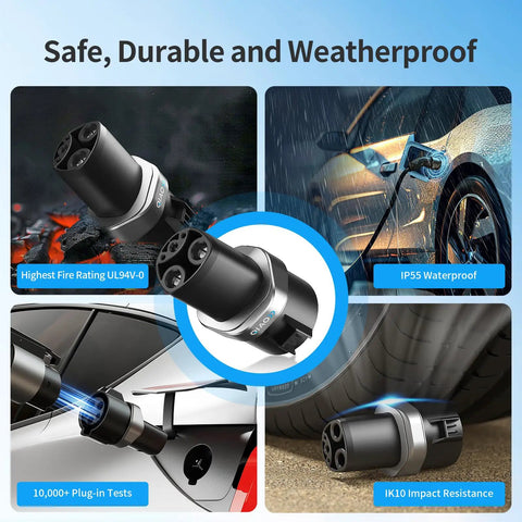 Top Shelf J1772 To Tesla Charging Adapter Up To 80A Fast Electric Connector for EV charging with IP55 waterproof design.