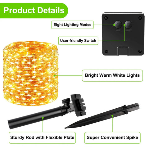 Outdoor Solar String Lights Waterproof 288 Ft Set With Four 72 Ft Strands, 200 LED Copper Wire Fairy Lights product details image