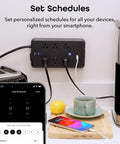 No Fuss Smart Power Strip With Individual Outlet Control, showing scheduling options on smartphone, kitchen setting with coffee.