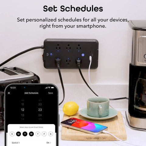 No Fuss Smart Power Strip With Individual Outlet Control, showing scheduling options on smartphone, kitchen setting with coffee.