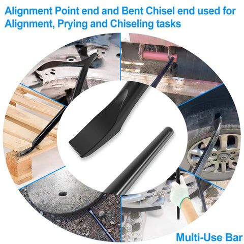 Collage showing Pro Grade Round Connecting Bar For Go To Aligning Prying And Chiseling With Alignment Tip And Bent Chisel End