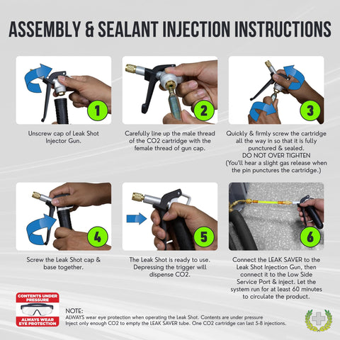 Assembly instructions and sealant injection steps for CO2 Powered AC Drain Line Cleaner Tool And Leak Sealer Injector