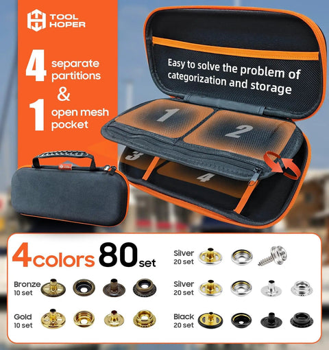 All In One Heavy Duty Snap Fastener Tool Kit With 300 Pcs Boat Cover Snaps In Silver Black Bronze Gold, open case view with snaps