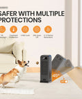 Smart Indoor Space Heater With Wi Fi And Voice Control 1500W Portable Electric Heater shown in living room with safety features