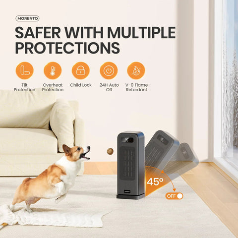 Smart Indoor Space Heater With Wi Fi And Voice Control 1500W Portable Electric Heater shown in living room with safety features
