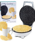 Cute Mini Electric Pizzelle Maker Creates Single 4 Inch Italian Waffle Cookies with nonstick plates and compact design.