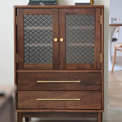 Top Tier Solid Brass Cabinet Pulls With Brushed Gold Finish on modern wooden cabinet with decorative glass doors