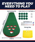 Backyard Mini Golf Putting Game Set With 2 Putters And 2 Balls and 10 Foot Practice Putting Green Mat, accessories labeled